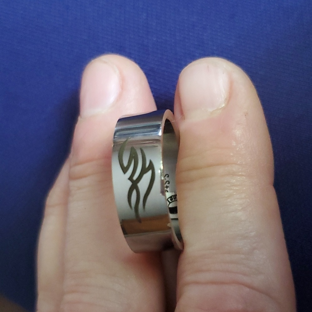 Stainless Steal Laser Etched Ring - Tidal Wave Design - Polished Finish